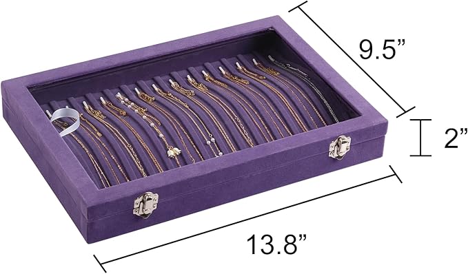 Frebeauty 15 Hooks Necklace Tray Velvet Neckalce Organizer with Clear Lid Lockable Necklace Holder Box Jewelry Organizer for Pendants Chains Necklace Jeweley Tray for Women (Purple)