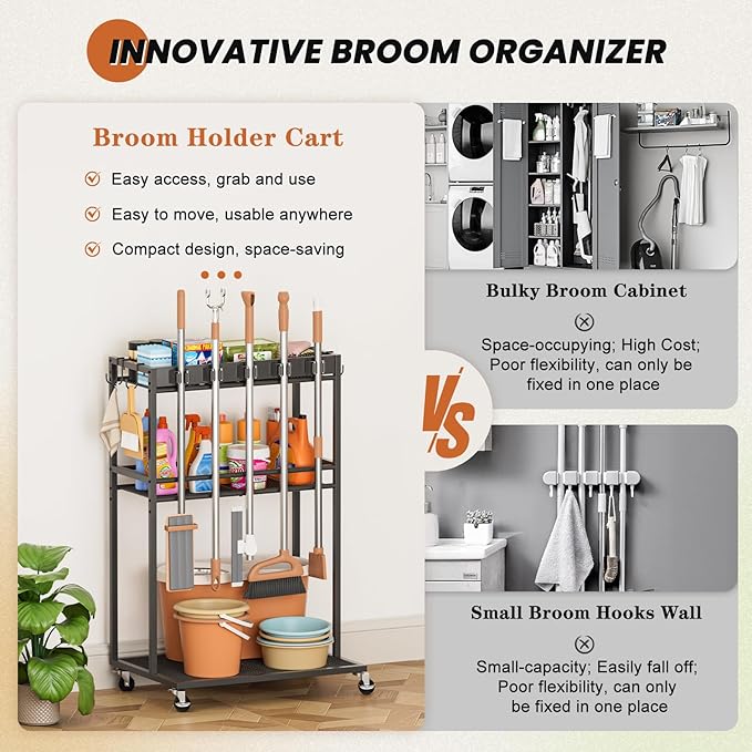 Broom Holder with Cleaning Supplies Organizer, Broom Closet Storage Cabinet with Mop Hanger Gripper Rack Hooks, Cleaning Housekeeping Janitorial Cart with Cleaning Caddy, Laundry Room Organization
