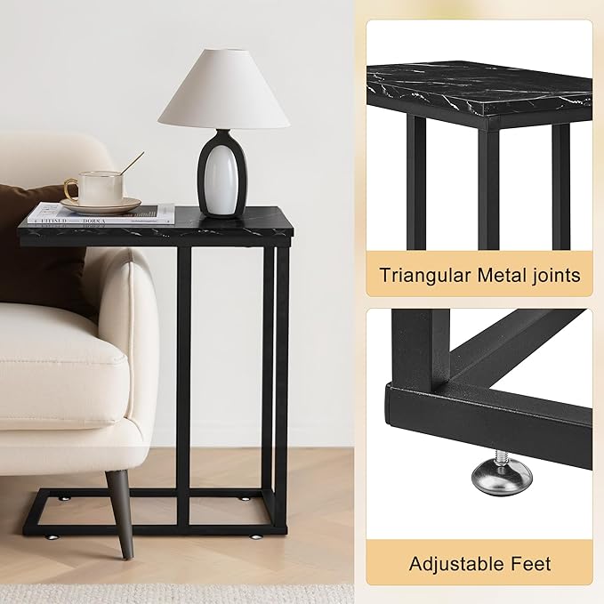 VECELO C Shaped End Side Table for Sofa Couch and Bed Snack TV Tray for Living Room Bedroom, 1 PCS, Black Marble