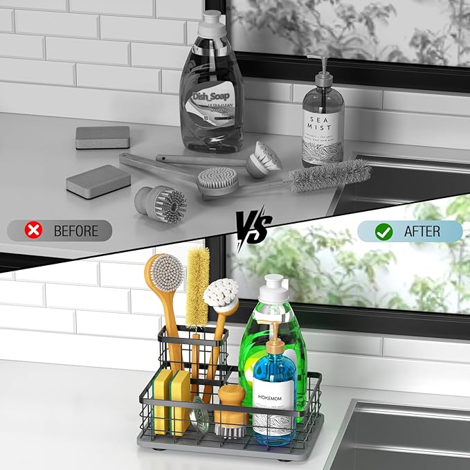 Large Family-Sized Sponge Holder for Kitchen Sink with Brush Holder - Drain-Free Non-Slip Base, 2.6mm Stainless Steel with Black Rust-Resistant Coating-10.24"L x 6.5"W x 5.83"H Sink Organizer