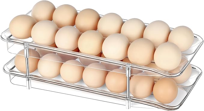 Refrigerator Egg Holder, Self-Rolling Refrigerator Egg Container, Clear Plastic Egg Dispenser, Stackable Egg Organizer with Quick Detachable Inner Tray for Tissue and Storage, 2-Pack