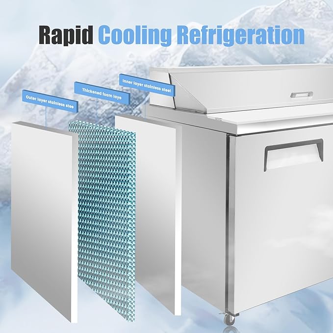 48" W Commercial Refrigerator Sandwich Salad Prep Table, Stainless Steel 2-Door Sandwich Prep Table Refrigerator, Counter Fan Cooling Refrigerator with 12 Pans for Restaurant, Bar