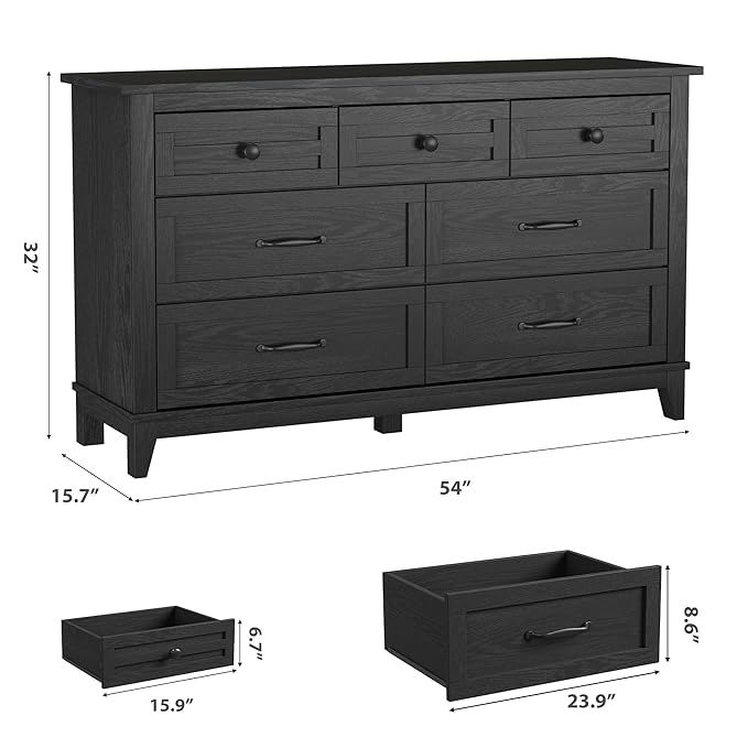 GarveeHome 7 Dresser for Bedroom, 54 in Wide Drawer Dresser with Storage Freestanding, Wooden Closet Storage Chest for Living Room, Bedroom, Entryway, Black