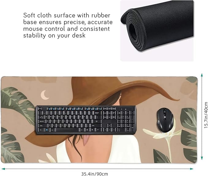 Elegant Lady Tropical Large Mouse Pad, Vintage Aesthetic Gaming Desk Mat, XXL Keyboard Desk Pad Mat for Desktop, 35.4"x15.7" Non-Slip Base Big Mousepad with Stitched Edges