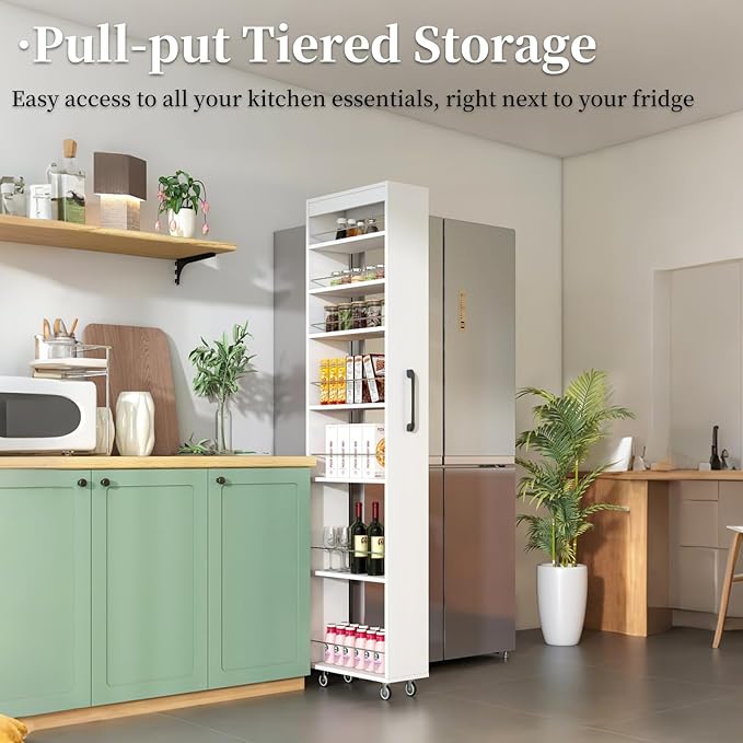 JOYSOURCE Slim Pull-Out Kitchen Cart with 7 Tiers, Narrow Rolling Storage Cabinet for Next to Fridge, Tall 7-Tier Organizer Rack with Black Handles & Wheels White