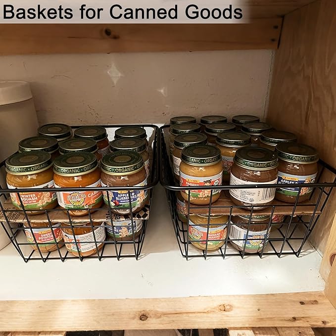 Wire Baskets for Organizing, 4 Pack Household Pantry Basket Black Metal Storage Bins Wire Storage Baskets Metal Baskets for for Home Office Kitchen, Bathroom