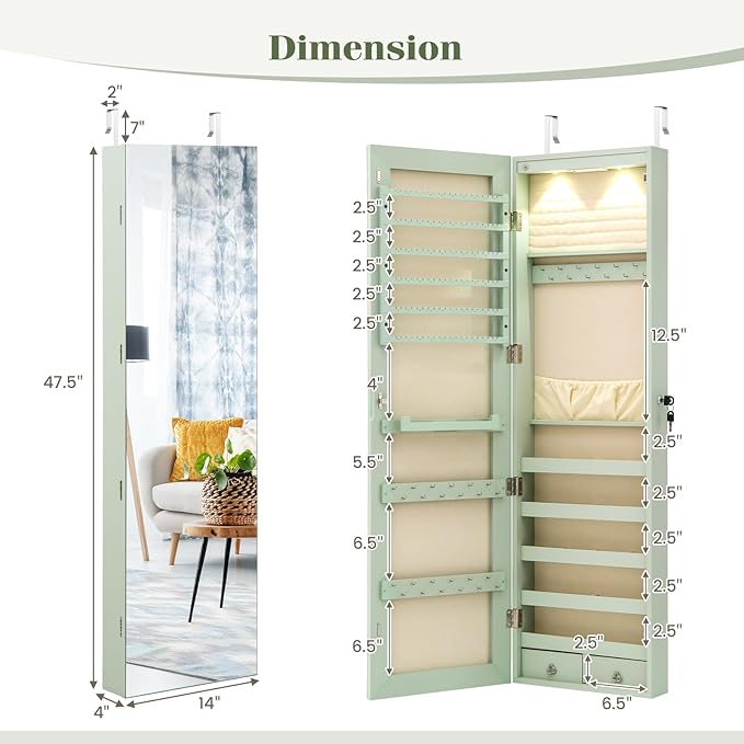 Giantex Wall Door Mounted Jewelry Armoire Cabinet with 47.5" Full Length Mirror, 2 LEDs Lockable Jewelry Organizers and Storage with 2 Drawers, Over the Door Jewelry Organizer Cabinet (Sage)