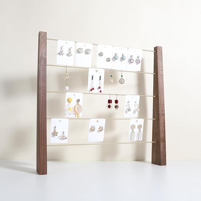 GemeShou 5 Tiers Walnut Earring display stands for selling, Wooden Jewelry Shelf, Earring Storage Organizer, Brass earring holders with 30 PVC cards for stud Dangle Hoop【Walnut 5-Tier】