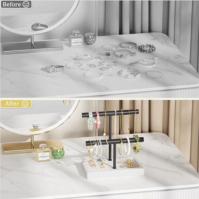 SZQINJI Bracelet Holder Organizer Jewelry Display Stand, Solid Wood Base with 2 Tier Metal T-bar for Bracelet Wristband Bangle Watch Necklace Hanging, White, Christmas Gift