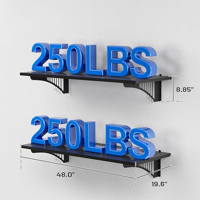 EROMMY 2-Pack 1.64x4ft Garage Shelving with 500lbs Capacity, Shelving Wall Mounted Metal Floating Storage System-Garage Shelves Heavy Duty with 6 Hooks for Basement Organization
