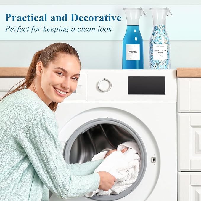 Laundry Detergent Dispenser Bottle 40oz with Waterproof Label for Laundry Detergent Soap Fabric Softener Bleach Scent Booster Beads, Sturdy PET Bottle for Laundry Room Decor 2 Pack White