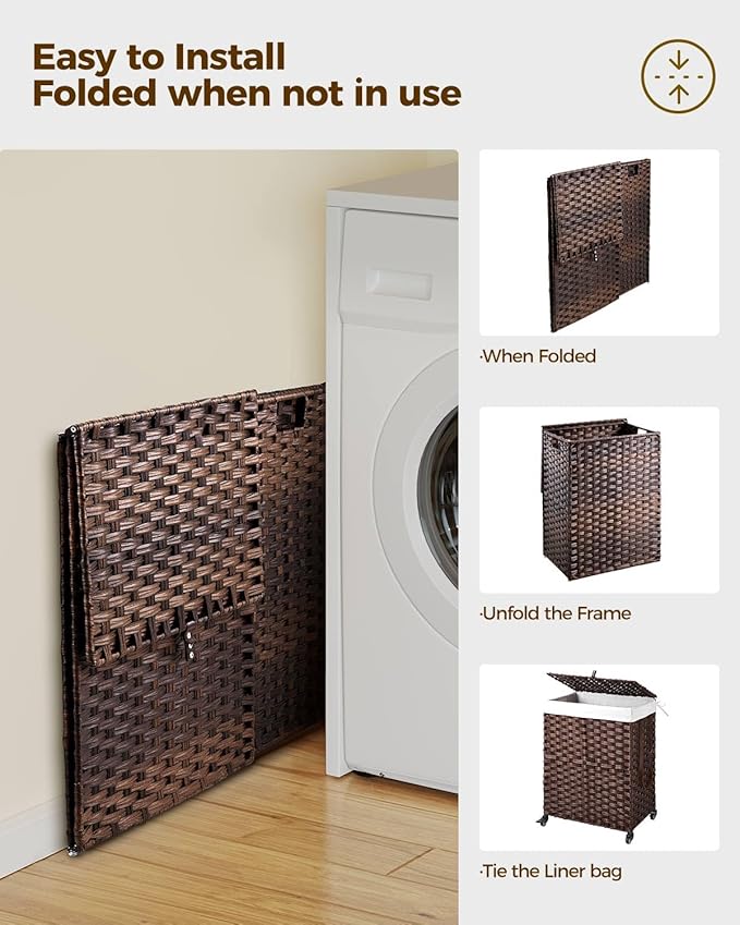 Greenstell Laundry Hamper with Wheels, No Install Needed, 90L Divided Handwoven Hampers & 2 Removable Liner Bags, Synthetic Rattan Clothes Laundry Basket with Lid & Handles, Foldable Hampers Brown