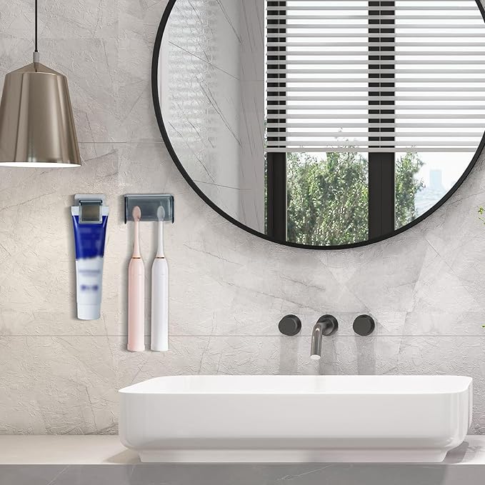 Wall-Mounted Toothbrush Holder with Cover, 2-Slot Organizer with Toothpaste Clip for Bathroom, Shower (Clear Combination 1)