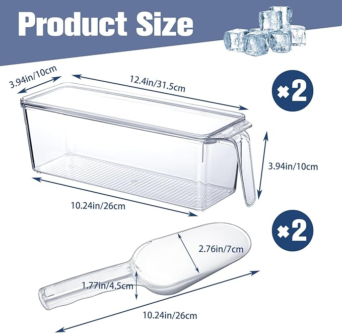 Havawish 4 Pcs Ice Storage Bin for Freezer with Lid and Flexible Scoop Set Plastic Ice Container with Lid Handle for Home Office Fridge Storage (12.4 x 3.94 x 3.94 Inches,Clear)