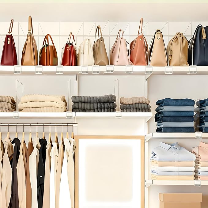 Purse Organizer for Closet Shelf Dividers: 6-Pack Adjustable Clear Acrylic Bag Storage Organizer for Handbags, Sweaters, Towels, Jeans and Shoes on Wood Shelves