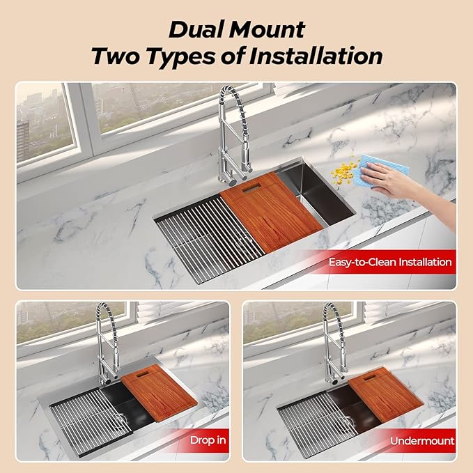33 x 22 Drop-In/Undermount Kitchen Sink, TECASA Single Bowl Kitchen Sink with Pull Down Faucet, 18-Gauge T-304 Stainless Steel Basin with Workstation