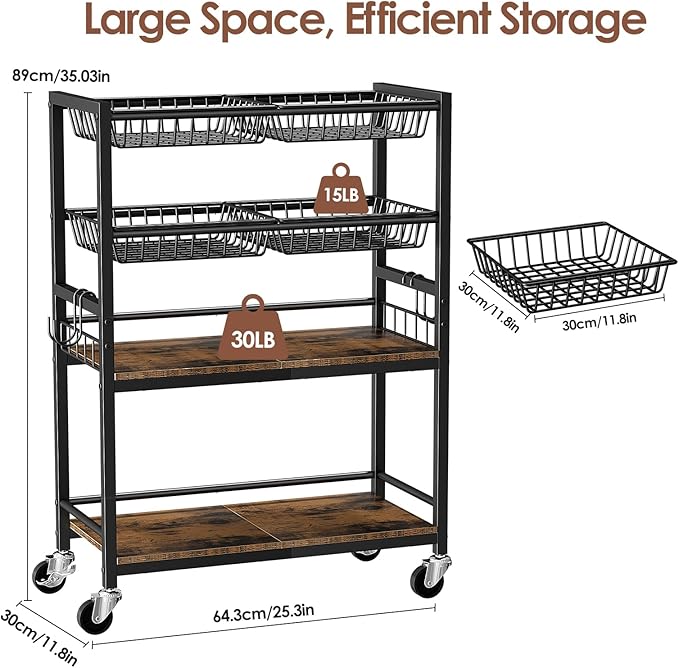 Kitchen Storage Cart, 4 Tier Utility Rolling Snack Cart, Fruit & Vegetables Basket Stand, Pantry Storage with 4 Detachable Mesh Basket for Kitchen, Bathroom, Living Room, Office, Balcony, Black
