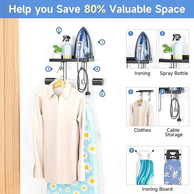 Ironing Board Holder Wall Mounted, Black Iron Holder for Laundry Room, Metal Iron Board Wall Hanger with Storage Shelf, Ironing Board Hooks for Laundry Room Livingroom Bathroom (Y or T Leg)