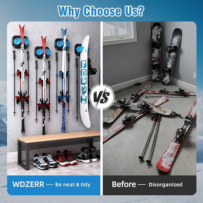 WDZREE Ski & Snowboard Wall Rack for Garage, Fits Any Ski or Board, Ski Wall Mount Garage Organization Holders, Damage-Free Storage Rack, Space-Saving Clamp Winter Gear Organizer, Blue (Blue, 1 Pack)