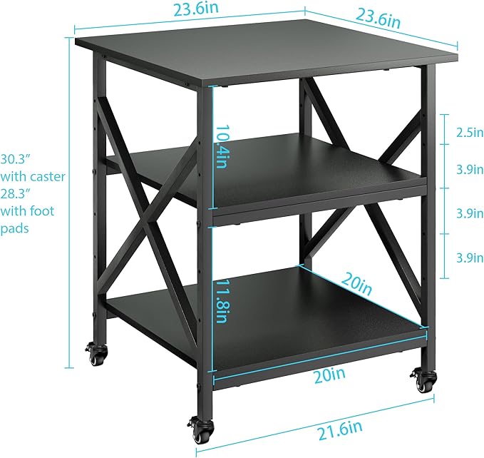 Ollieroo 3 Tier Printer Stand, Large Table with Wheels, Rolling Cart with Height Adjustable Middle Storage Shelf, 23.6 x 23.6 x 30.3 Inches Shelf for Home Office, Black