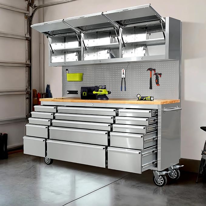 CT Copper Tailor 72-inch Rolling Tool Chest with Integrated Power Strip,15 Drawers and Wheels, Garage Workbench with Storage, 3 Upper Cabinets, Pegboard in Stainless Steel