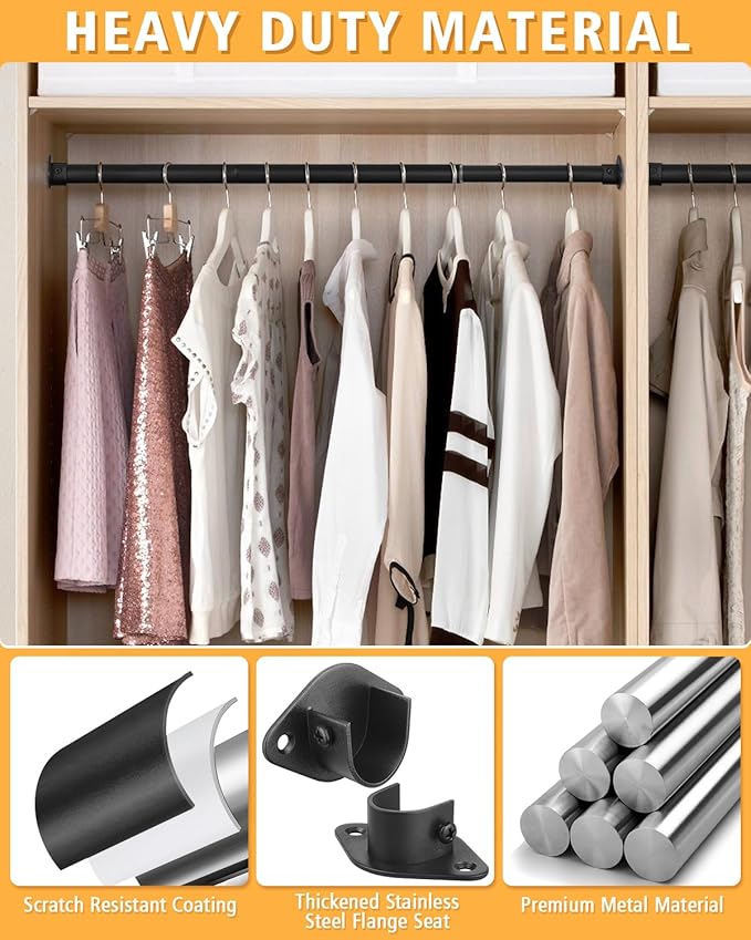 Closet Rod, 17 to 39 Inch Heavy Duty Adjustable Metal Clothing Rack for Hanging Clothes, Closet Poles for Wardrobes, Laundry, Durable Steel, Black