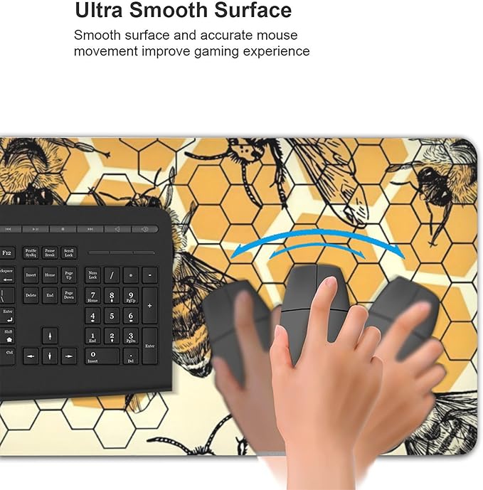 Bee and Honeycomb Large Mouse Pad, Vintage Aesthetic Gaming Desk Mat, XXL Keyboard Desk Pad Mat for Desktop, 35.4"x15.7" Non-Slip Base Big Mousepad with Stitched Edges