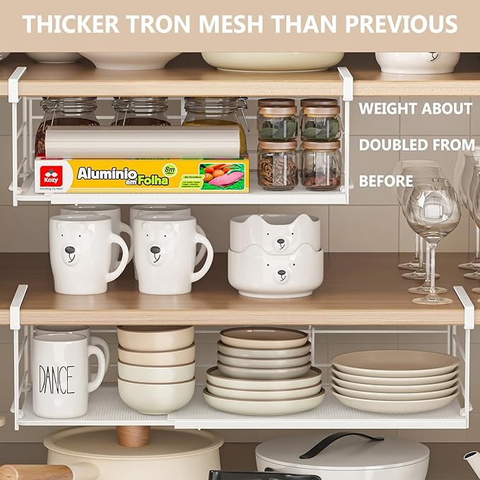Expandable Under Cabinet Shelf, Extendable Under Shelf Storage with Removable Wire-Like Back for Pantry Cabinet, Laundry Room, Shoe Rack. (White, 1 Pack, Interior: 5" H x 10" D)