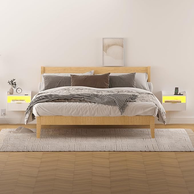 White Floating Nightstand with Charging Station and LED Lights (White)