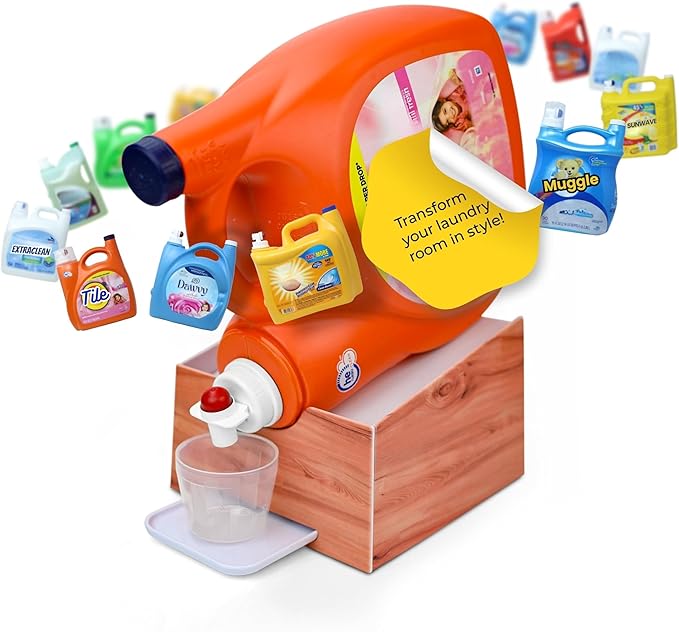 Skywin TidyFriend No-Spill Wood Liquid Laundry Detergent Dispenser Holder, Laundry Soap Dispenser Holder with Drip Tray for Laundry Room Organization