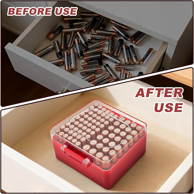 FULLCASE Battery Storage Organizer Box, Holder Container for 82 AA AAA Batteries, Plastic Home Batteries Variety Pack Protective Organization(Case Only) Red