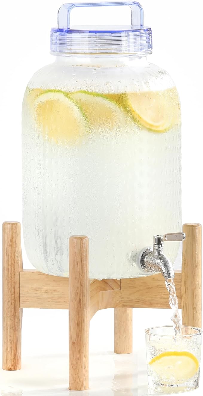 EGGKITPO 2.2 Gallon Drink Dispensers with 304 Stainless Steel Spigot for Parties Lemonade Dispenser with Wood Bracket Clear Cover Polycarbonate Beverage Dispenser for Home Use and Laundry Room