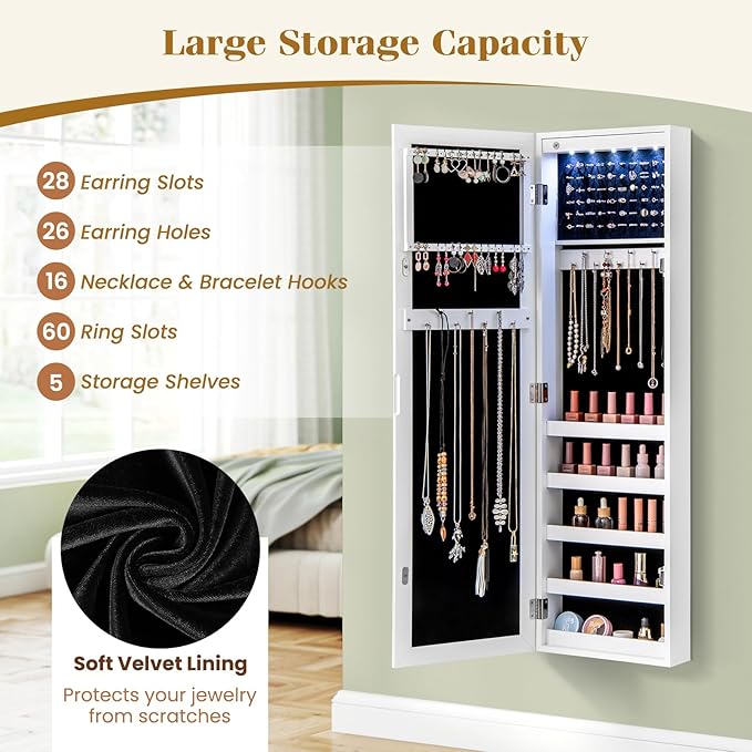 Giantex Wall or Door Mounted Jewelry Cabinet with Full Length Mirror, Over The Door Jewelry Armoire Organizer with Lights, Large Storage with Necklace Hooks, Earring Slots & Shelves (White)