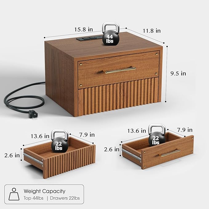 Floating Nightstand Set of 2, Mid Century Modern Wall Mounted Bedside Table with Charging Station, Fluted End Table with Storage Drawers for Bedroom, Home Small Space, Cherry, 2 PCS