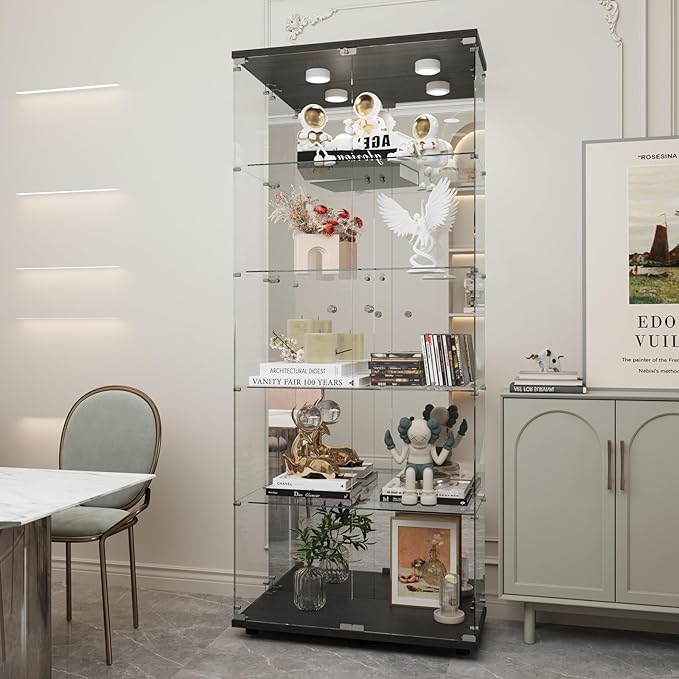 Beauty4U Glass Display Cabinet with LED Lights and Mirror, 5 Shelves with 2 Doors, Curio Cabinets for Living Room, Bedroom, Office, Black Floor Standing Glass Bookshelf, Quick Installation