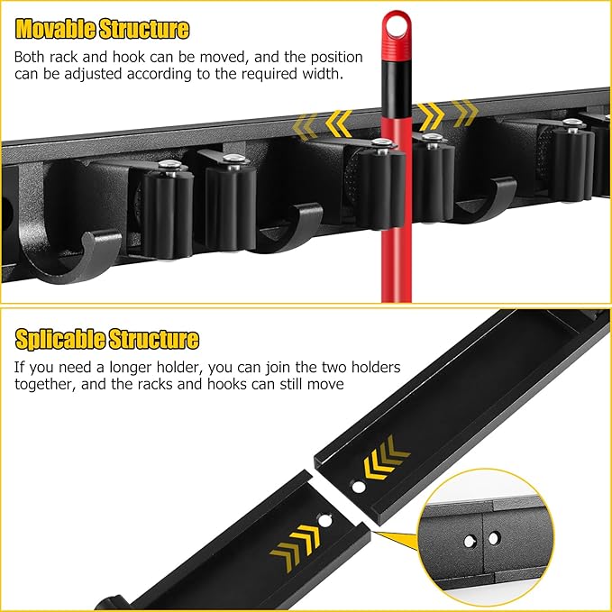 SLIIMU Movable 30'' Broom and Mop Holder Wall Mount with Sliding 7 Racks 8 Hooks, Storage Organizer Wall Hanger, Cleaning Tool Hanging Grippers for Kitchen Bathroom Garden Garage Laundry Home Closet