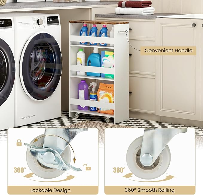 Small Kitchen Cart, 4-Tier Slim Rolling Island w/Handle, Laundry Room Storage Organizers Between Washer and Dryer, Narrow Spice Rack on Wheels Next to Fridge (White & Rustic Brown, 8'')
