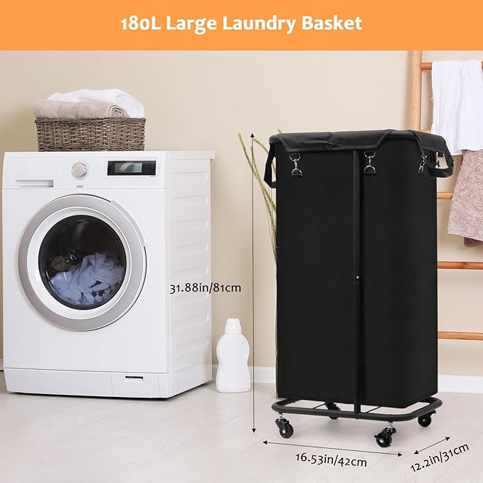 Longzhuo 47.55 Gal(180L) Rolling Laundry Basket With Wheels, Laundry Hamper With Wheels, Metal Wheeled Laundry Basket for Laundry, Hotel, Bedroom & Laundry Room Organization, Black
