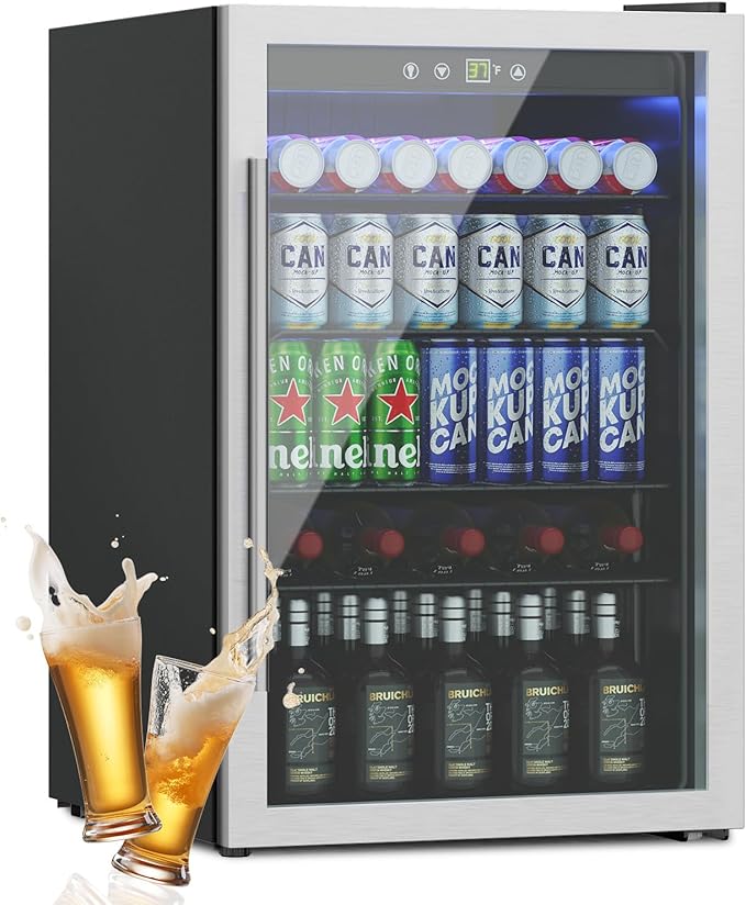 Beverage Refrigerator Cooler, 145 Can Mini Fridge Glass Door for Drinks Soda, Beer, or Wine - Small Refrigerator for Office Bedroom Home Bar, Adjustable Shelves, 4.5 Cu.Ft, Silver