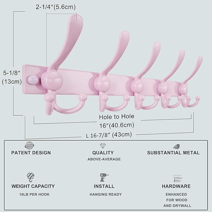 Dseap Coat Rack Wall Mount 2.0 Pro: Heavy Duty 300% Thicker, 16" Stud Mount, Stainless Steel Wall Coat Hooks Hanger for Clothes Jackets Hats Entryway Closet, MaxStrong Series, Pink, Pack of 2