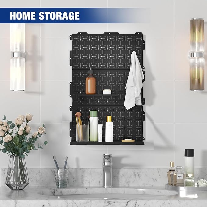 WORKPRO 16”x 16” Metal Peg Board, Foldable Black Pegboard for Wall Organization, Steel Panel with Round Holes & Vertical Slots, Ideal Tool Organizer in Office and Craft Room, 2 Pack