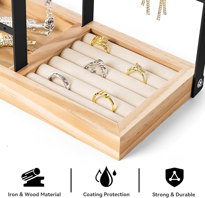 DreamGenius Jewelry Organizer Stand with Velvet Ring Holder, 4 Tier Jewelry Holder Organizer with 11 Hooks for Necklaces and 132 Holes for Earrings, Black