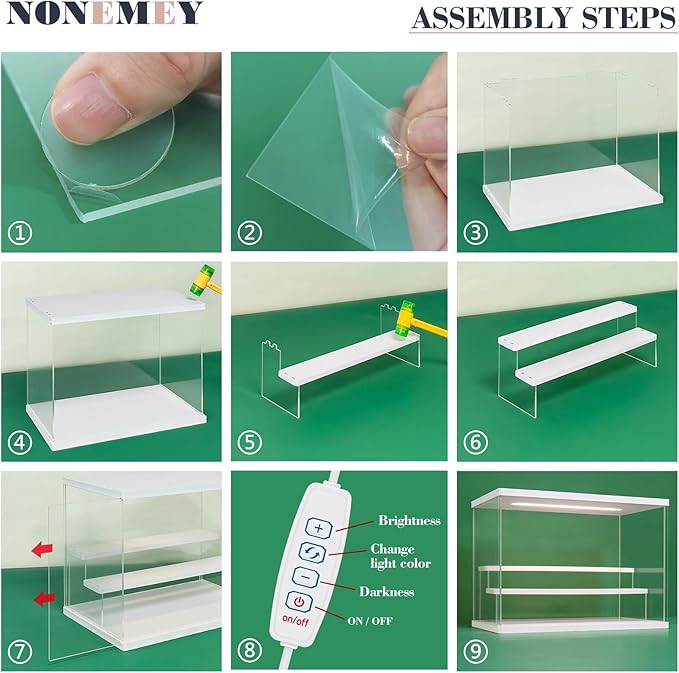 NONEMEY Clear Acrylic Display Case Stand with LED Light 2/3/4/5/6 Tier Storage Box Showcase Dustproof Organizer Box for Collectibles (White 4Tier 12.4*9.6*10.4inch)