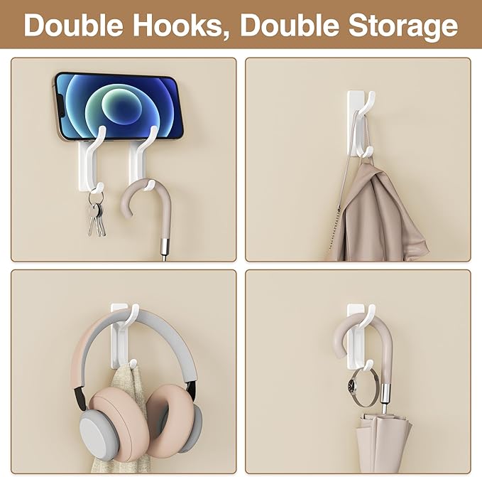 pickpiff 10-Pack Self Adhesive Wall Hooks for Hanging - 13 LB Strong Hold, Sticky Hangers for Coat, Towel, Purse, Keys, Bag - for Wall, Door, Bathroom, Shower, Dorm, Kitchen - Stainless Metal, White