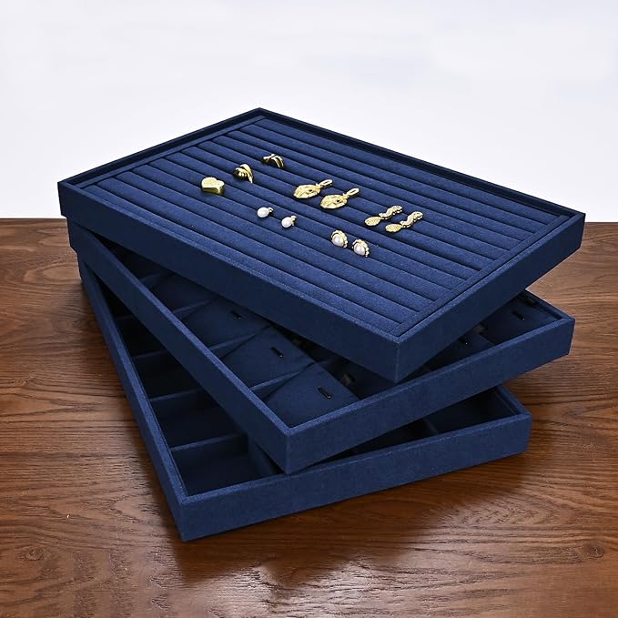 7 Slots Microfiber Jewelry Tray, Ring Display Earring Display Tray, Ring Earrings Studs Tray Showcase Display Jewelry Organizer (Blue)