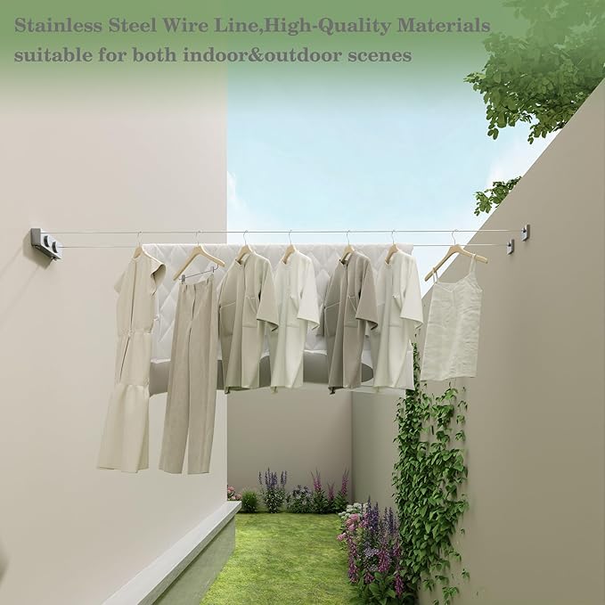 Danpoo Retractable Clothesline, Anti-Sag Adjustable Knob Heavy-Duty Clothes Line for Indoors/Outdoors with 2 * 13.8ft Stainless Steel Wire, Laundry Wall Drying Solutions, Gray