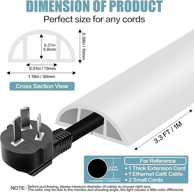 Floor Cord Cover Self Adhesive Cord Hider,3.3FT Cable Management, Extension Strip Protector for Wires, Prevent Cable Trips for Offices, Gyms, Exhibitions Cavity:0.39"(W) x 0.27"(H) White