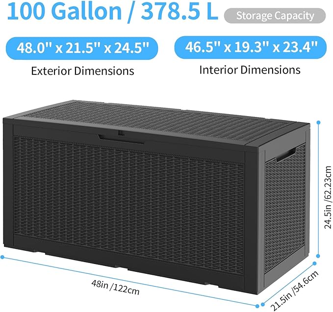 EasyUp 100 Gallon Deck Boxes Waterproof, Outdoor Large Storage Boxes with Lids, Outside Resin Storage Box & Deck Boxes for Patio, Garden Use(Black)