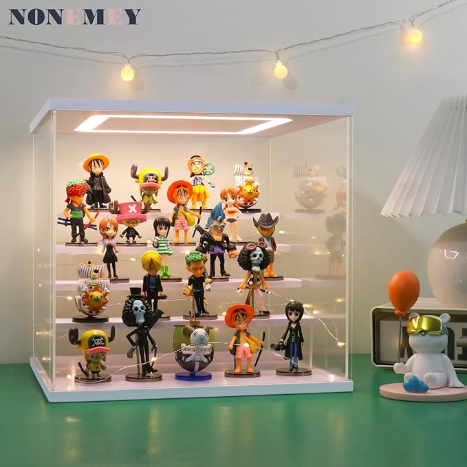 NONEMEY Clear Acrylic Display Case Stand with LED Light 2/3/4/5/6 Tier Storage Box Showcase Dustproof Organizer Box for Collectibles (White 5Tier 12.4*12.2*12inch )