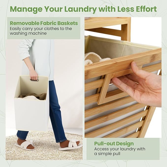 Giantex Tilt Out Laundry Hamper, 20 Gal Bamboo Laundry Storage Cabinet with 2 Removable & Foldable Fabric Bins, Top Shelf, Pull Out Laundry Basket Organizer for Bathroom, Living Room, Bedroom